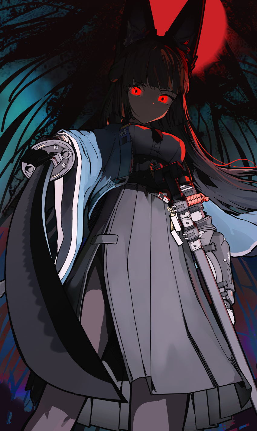 1girl, absurdres, animal_ears, aqua_jacket, arm_out_of_sleeve, black_necktie, black_pantyhose, black_skirt