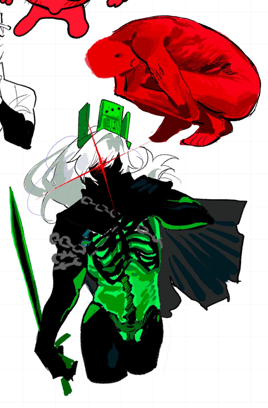 1boy, 1other, 1x1x1x1_(roblox), betrayed_1x1x1x1_(forsaken), black_cape, black_skin, c00lkidd_(roblox), cape, closed_mouth, colored_skin, crown, forsaken_(roblox), glint, green_crown, green_skin, highres, holding, holding_sword, holding_weapon, red_skin, roblox, sasi_ssr_rb, see-through_body, shirt, skeleton, sword, weapon, white_background, white_hair