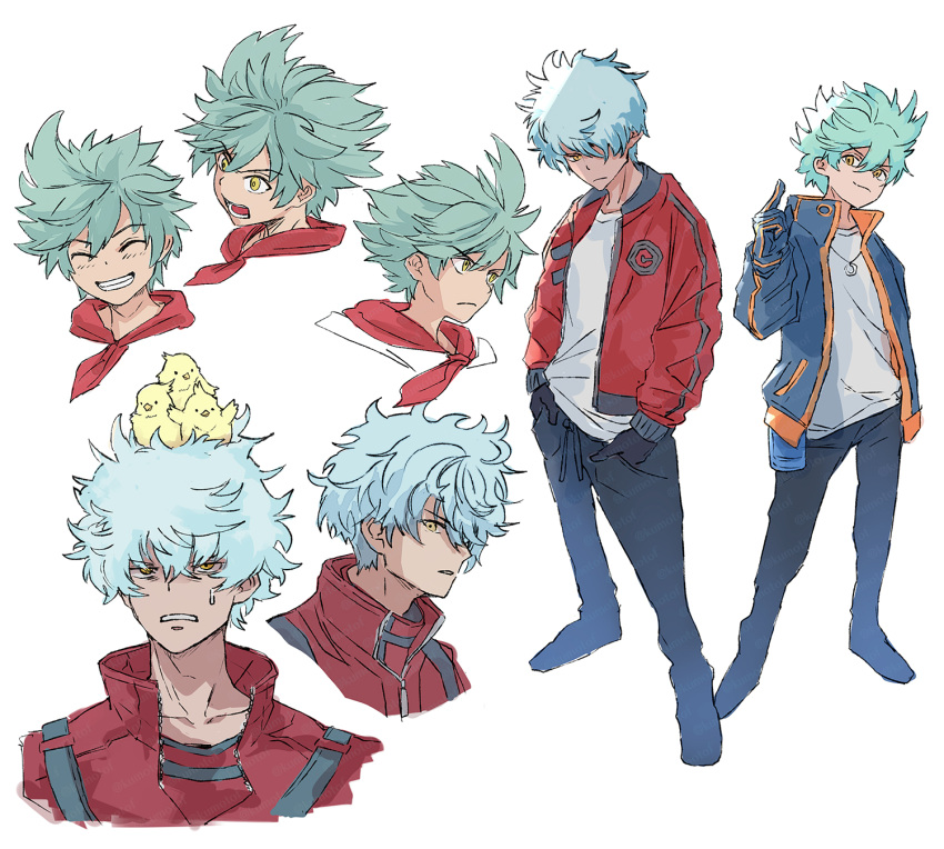 1boy, animal_on_head, another_eden, aqua_hair, bird, bird_on_head, black_pants, blue_jacket, closed_eyes, dewey_(another_eden), dual_persona, grin, hair_between_eyes, hands_in_pockets, highres, jacket, jewelry, kumotof, male_focus, multiple_views, neckerchief, necklace, on_head, pants, red_jacket, red_neckerchief, shirt, short_hair, smile, solo, sweatdrop, teeth, white_shirt, yellow_eyes