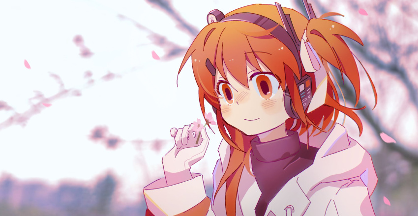1girl, a.i._voice, adachi_rei, black_shirt, blush, cherry_blossoms, chill_(chill_meal), commentary