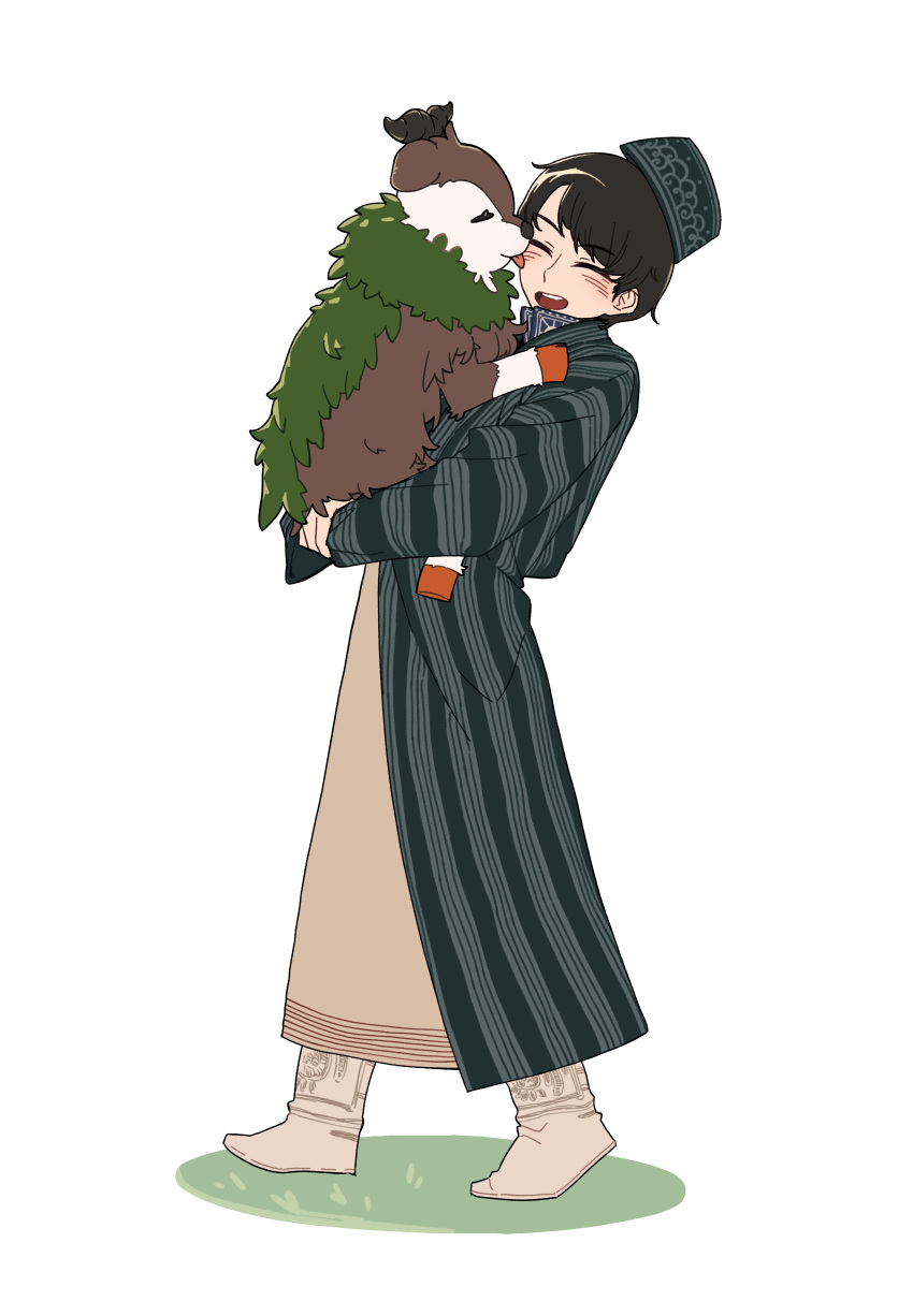 1boy, absurdres, blush, boots, brown_hair, carrying, closed_eyes, doppa