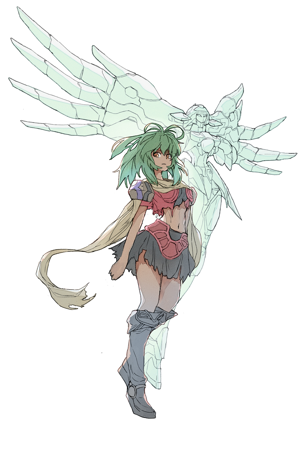 1girl, antenna_hair, black_boots, black_skirt, boots, breasts, crescens, crop_top, dark-skinned_female, dark_skin, emerada_(xenogears), full_body, green_eyes, hair_between_eyes, highres, kumotof, mecha, medium_breasts, medium_hair, midriff, navel, red_eyes, red_shirt, robot, scarf, shirt, skirt, torn_clothes, torn_skirt, white_background, xenogears, yellow_scarf