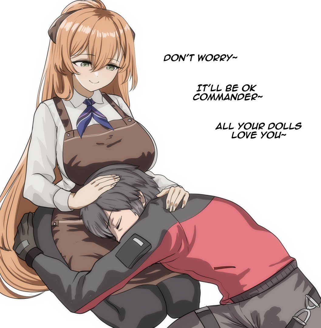 1boy, 1girl, apron, black_hair, blonde_hair, blush, breasts, brown_apron