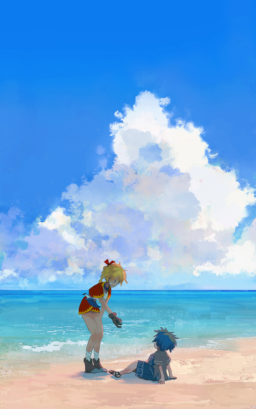 1boy, 1girl, bandaged_leg, bandages, beach, blonde_hair, blue_hair, blue_shorts, boots, brown_boots, brown_gloves, brown_shirt, child, chrono_cross, clouds, cloudy_sky, cropped_jacket, dagger, facial_mark, gloves, gold_trim, hair_between_eyes, hair_ribbon, highres, jacket, jewelry, kid_(chrono_cross), knife, kumotof, leaning_forward, long_hair, miniskirt, multi-tied_hair, necklace, ocean, outdoors, outstretched_hand, ponytail, red_jacket, red_ribbon, red_skirt, ribbon, serge_(chrono_cross), shirt, short_hair, short_sleeves, shorts, sitting, skirt, sky, weapon, white_shirt
