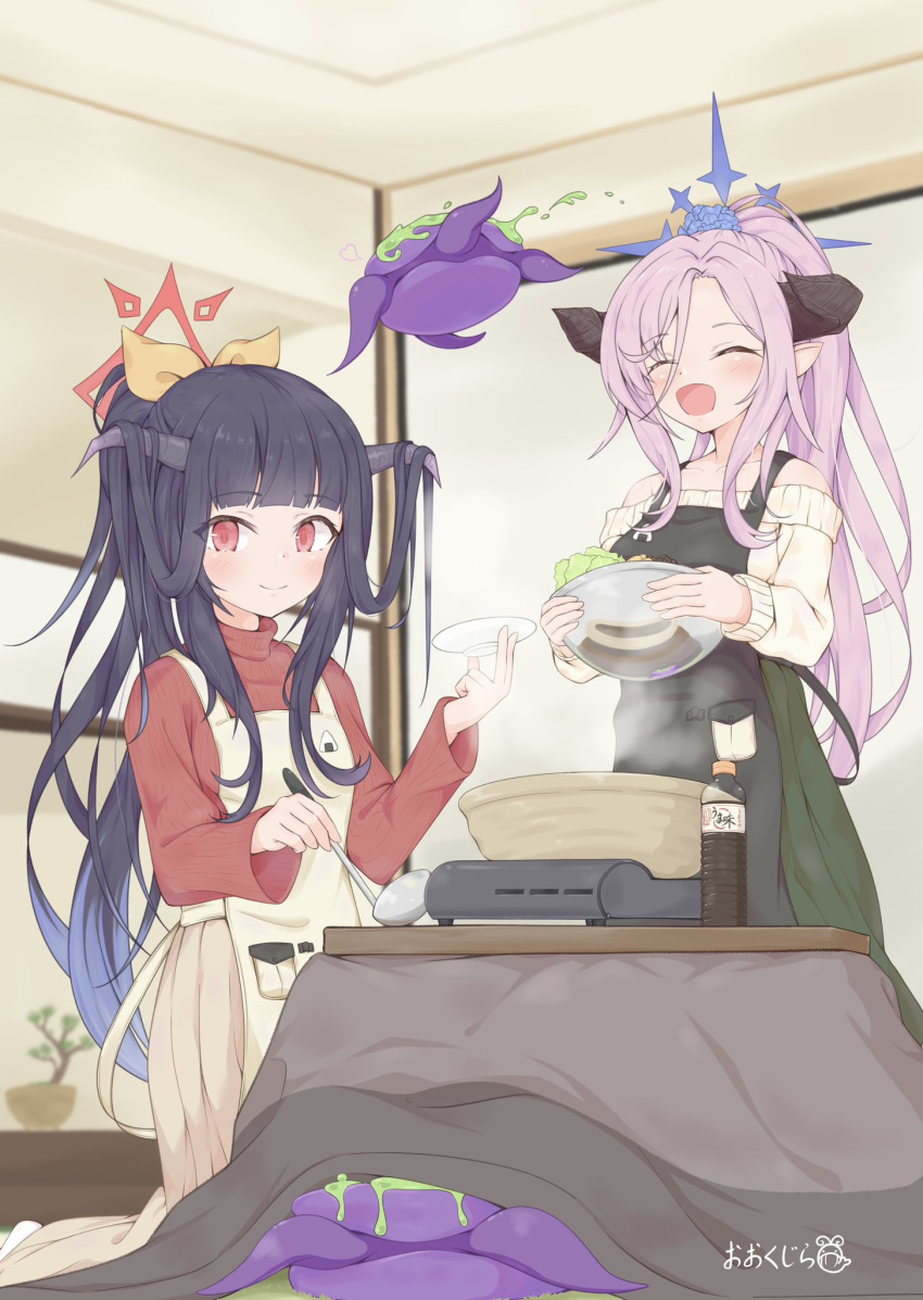 2girls, :d, ^_^, alternate_costume, alternate_hairstyle, apron, bare_shoulders, black_apron