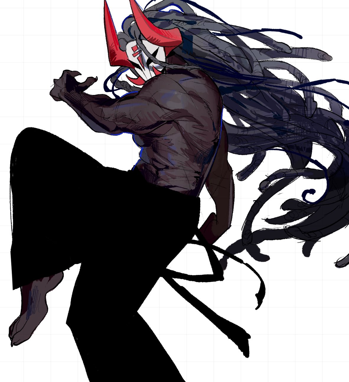 1boy, black_hair, black_pants, claw_pose, cowboy_shot, dark-skinned_male, dark_skin, dreadlocks, hand_up, highres, horns, katana_(phighting!), knee_up, long_hair, pants, phighting!, red_horns, roblox, sasi_ssr_rb, solo, topless_male, very_long_hair, white_mask