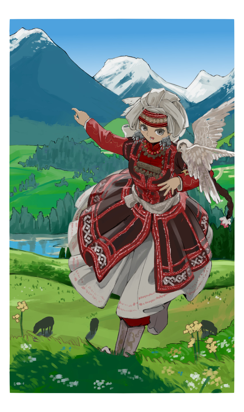 1girl, absurdres, amir_halgal, bird, black_hair, blue_sky, boots, crinoids