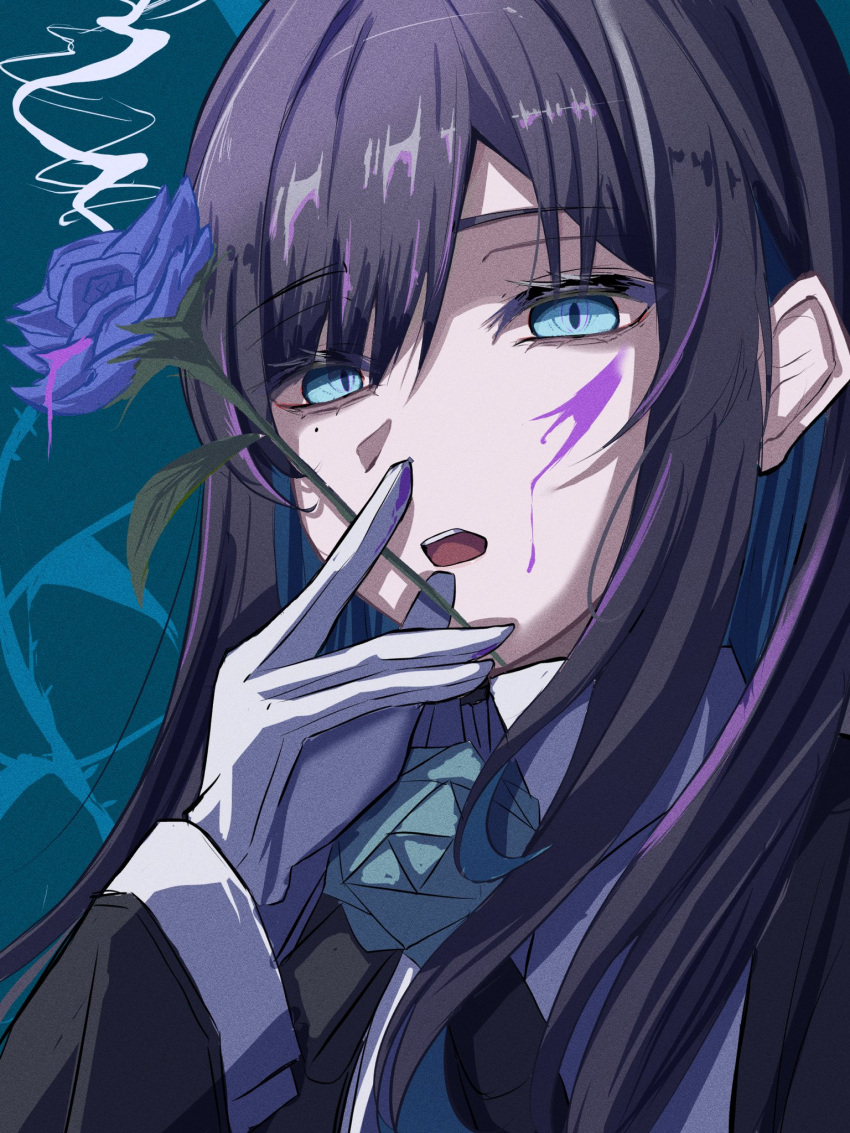 1girl, ado_(utaite), blue_eyes, blue_flower, blue_hair, blue_rose, chandelier, chando_(ado)