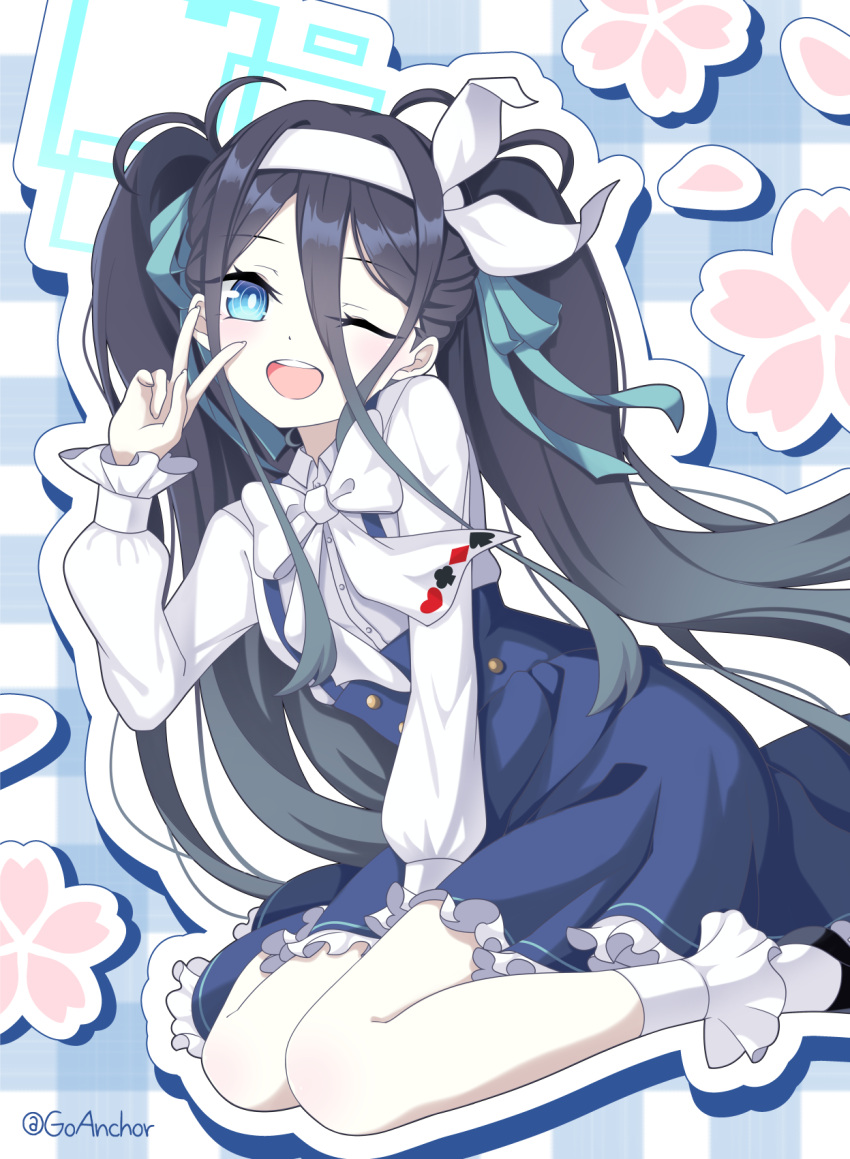 1girl, aris_(blue_archive), black_hair, blue_archive, blue_eyes, goanchor, looking_at_viewer, open_mouth, smile, solo