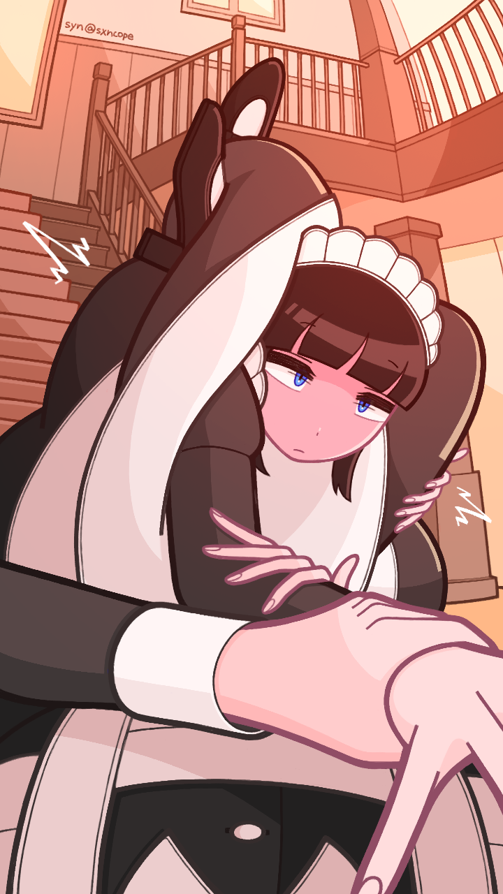 2girls, apron, black_dress, black_hair, blue_eyes, choke_hold, dress, fainted