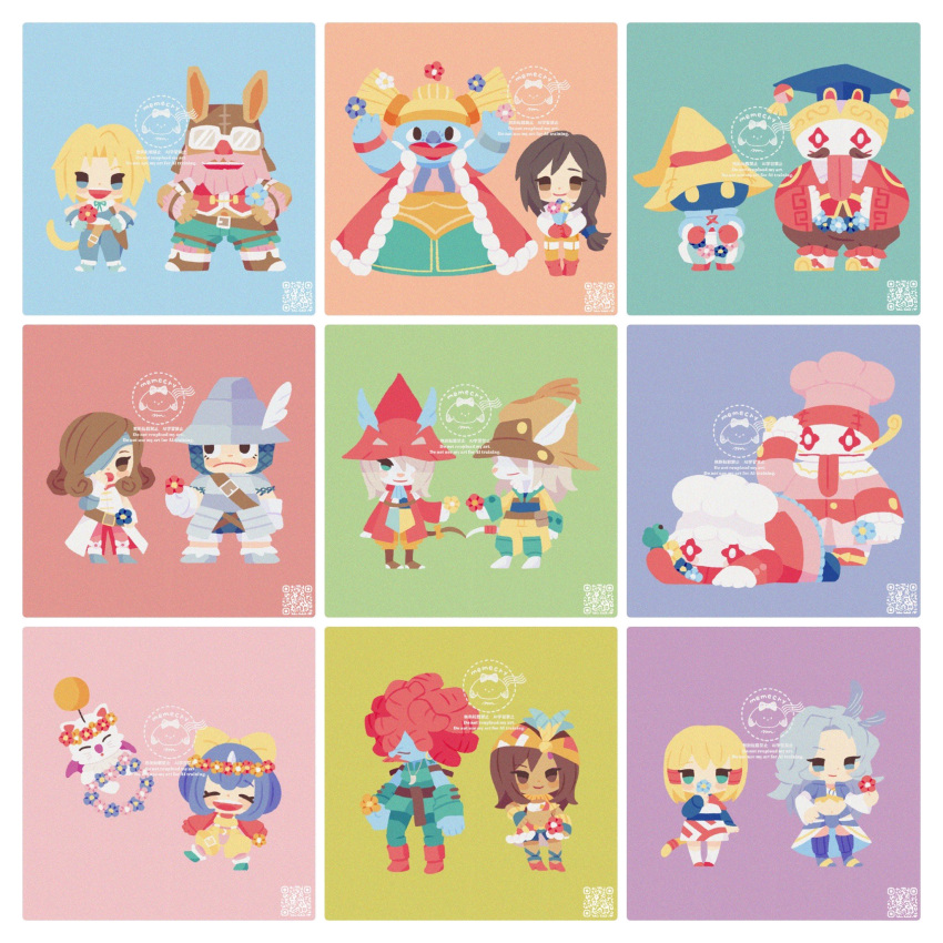 3others, 6+boys, 6+girls, adelbert_steiner, animal_ears, baku_(ff9), beard, beatrix_(ff9), black_mage_(final_fantasy), blonde_hair, blue_background, blue_hair, bow, brahne_raza_alexandros_xvi, brown_hair, chef_hat, chibi, closed_eyes, closed_mouth, creature, curly_hair, dark-skinned_female, dark_skin, dreadlocks, eiko_carol, eyepatch, facial_hair, feather_hair_ornament, feathers, final_fantasy, final_fantasy_ix, flower, fratley, freija_crescent, garnet_til_alexandros_xvii, glowing, glowing_eyes, goggles, green_background, green_eyes, grey_hair, hair_bow, hair_ornament, hair_over_eyes, hair_over_one_eye, hat, helmet, highres, holding, holding_flower, horns, kuja, lani_(ff9), long_hair, low-tied_long_hair, me_me_cry, mikoto_(ff9), monkey_tail, moogle, multiple_boys, multiple_girls, multiple_others, one_eye_covered, open_mouth, orange_background, overalls, pink_background, purple_background, quina_quen, red_background, red_hair, red_hat, salamander_coral, short_hair, single_horn, smile, tail, tongue, tongue_out, vivi_ornitier, winged_helmet, yellow_background, yellow_bow, yellow_overalls, zidane_tribal