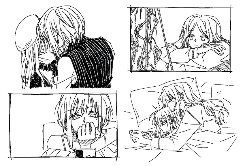 3girls, amoris_(bang_dream!), bang_dream!, bang_dream!_it's_mygo!!!!!, cellphone, closed_eyes, cuddling, earrings