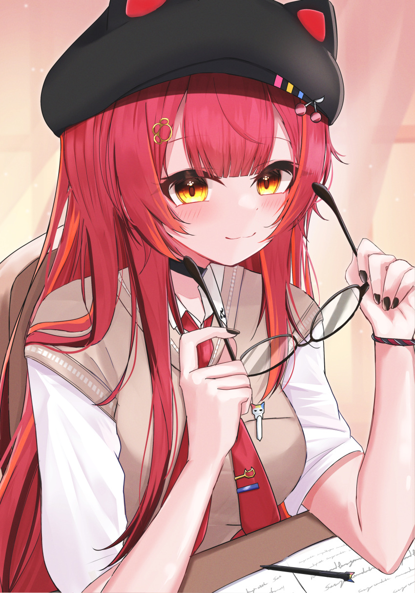 1girl, absurdres, black_collar, black_hat, black_nails, blush, book, breasts