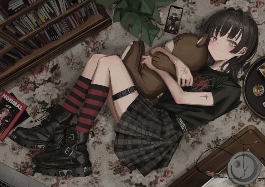 1girl, absurdres, album_cover, ankle_boots, arm_tattoo, band_shirt, belt, black_boots