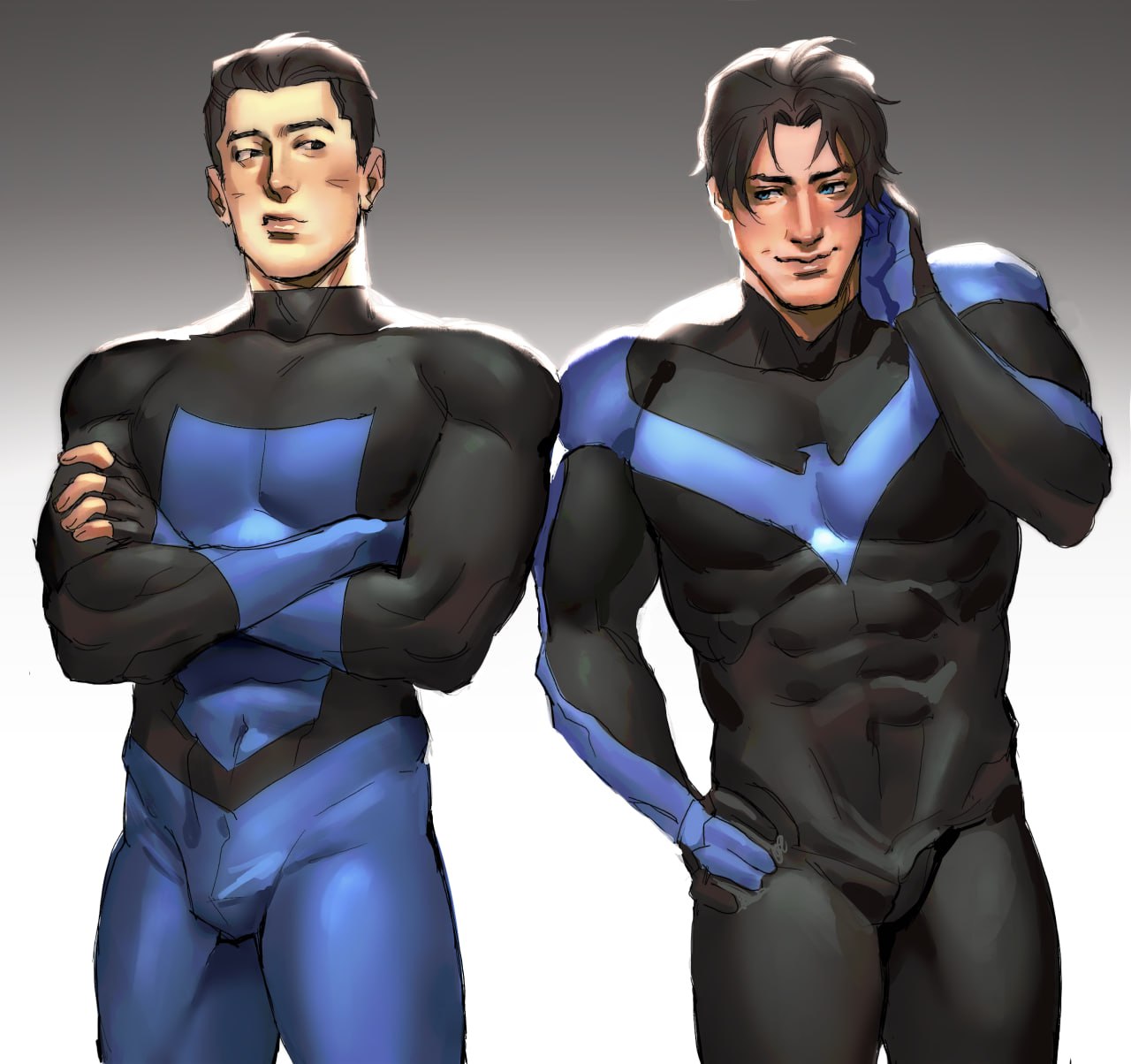 2boys, batman_(series), black_bodysuit, black_hair, blue_bodysuit, bodysuit, covered_abs, dc_comics