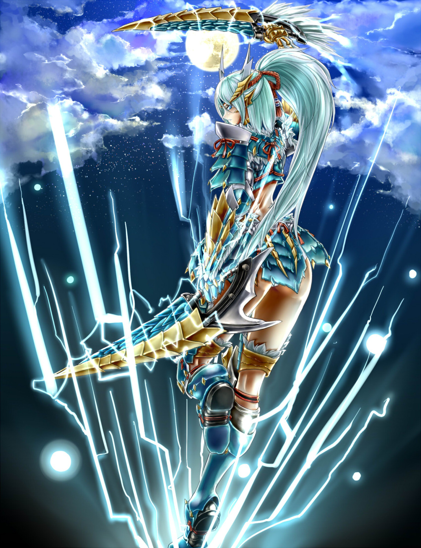 blue_eyes, cloud, clouds, dual_wielding, electricity, full_moon, highres, jinouga_(armor), lightning, midriff, monster_hunter, monster_hunter_portable_3rd, moon, night, sky, sword, weapon