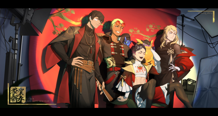 1girl, 1other, 2boys, absurdres, alternate_costume, backdrop, black_hair, blonde_hair