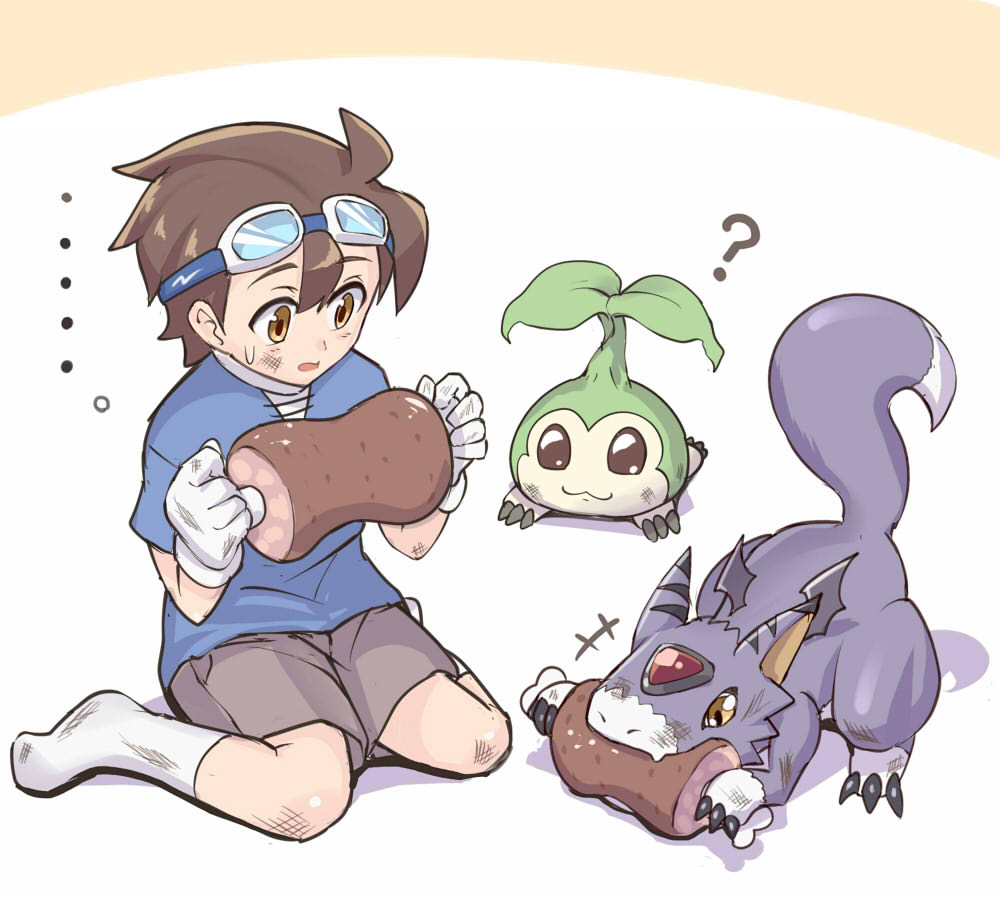 ..., 1boy, ?, blue_shirt, boned_meat, brown_eyes, brown_hair, claws