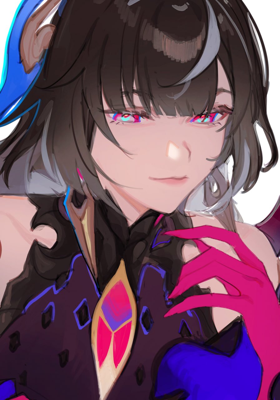 1girl, aqua_eyes, arbk_r, black_dress, blue_eyes, brown_hair, closed_mouth, commentary, dress, highres, honkai_(series), honkai_impact_3rd, leylah_(honkai_impact), long_hair, multicolored_eyes, multicolored_hair, pink_eyes, portrait, purple_hands, solo, streaked_hair, two-tone_hair, yellow_pupils
