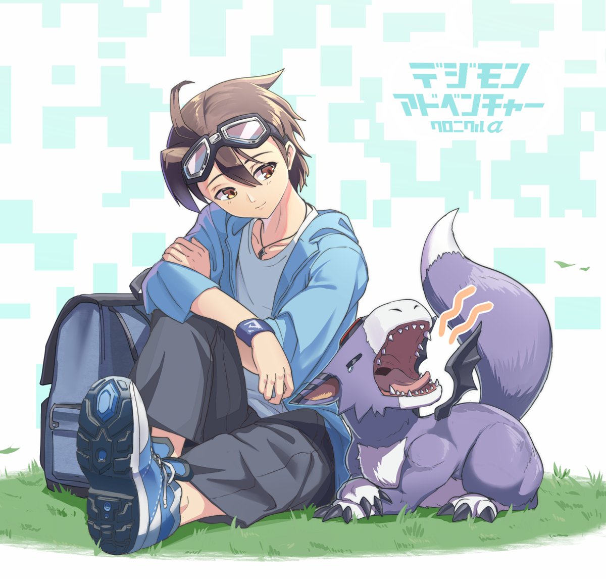 1boy, blue_jacket, brown_eyes, brown_hair, claws, digimon, digimon_(creature), digimon_chronicle