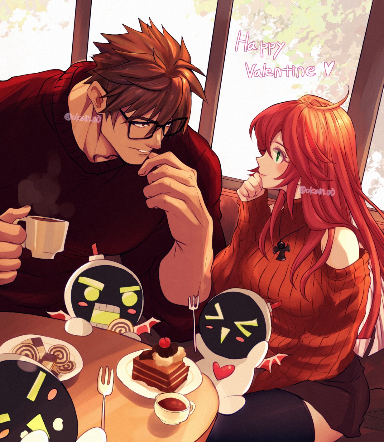 1boy, 1girl, alternate_costume, ankh, ankh_necklace, blush, breasts, brown_hair, casual, coffee, coffee_mug, contemporary, cup, detached_sleeves, food, fork, green_eyes, guilty_gear, guilty_gear_strive, hair_between_eyes, happy_valentine, highres, holding, holding_cup, holding_fork, husband_and_wife, jack-o'_valentine, jewelry, knight_servant, large_hands, long_hair, looking_at_another, magician_servant, mug, multicolored_hair, muscular, muscular_male, necklace, official_alternate_hair_length, official_alternate_hairstyle, red_hair, red_sweater, short_hair, sitting, smile, sol_badguy, spiky_hair, sweater, table, turtleneck, turtleneck_sweater, two-tone_hair, ume_(okum_00), very_long_hair, white_hair