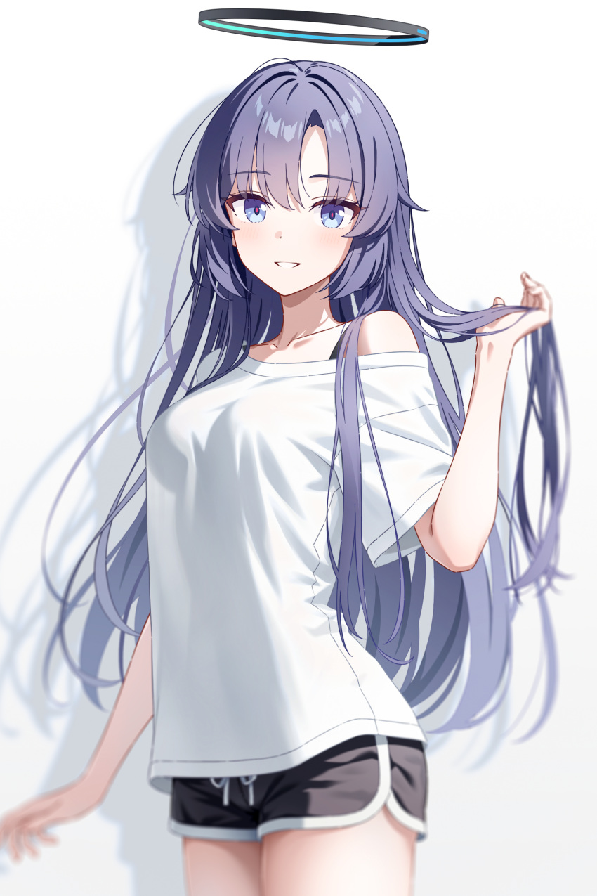 1girl, absurdres, adobe_firefly_(medium), alternate_costume, alternate_hairstyle, black_halo, black_shorts, blue_archive