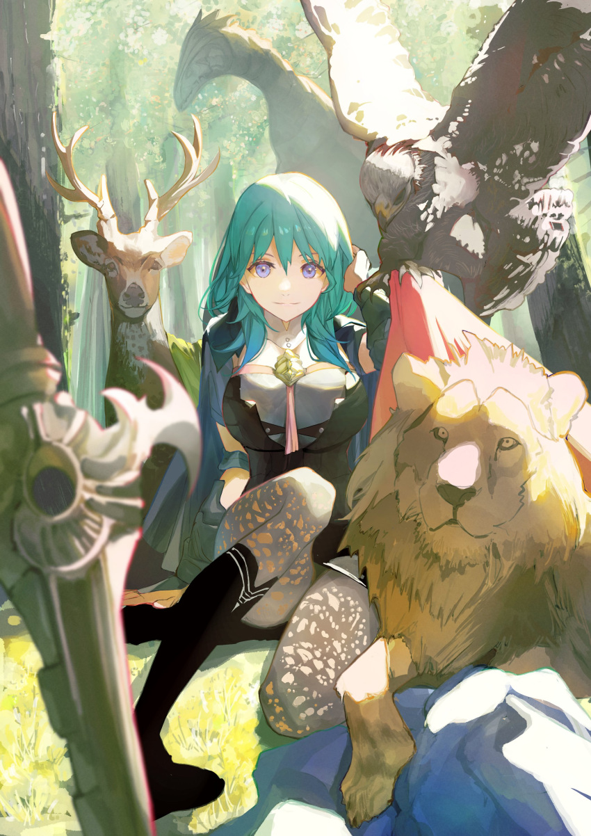 1girl, absurdres, amef, animal, armor, bird, black_armor, black_boots