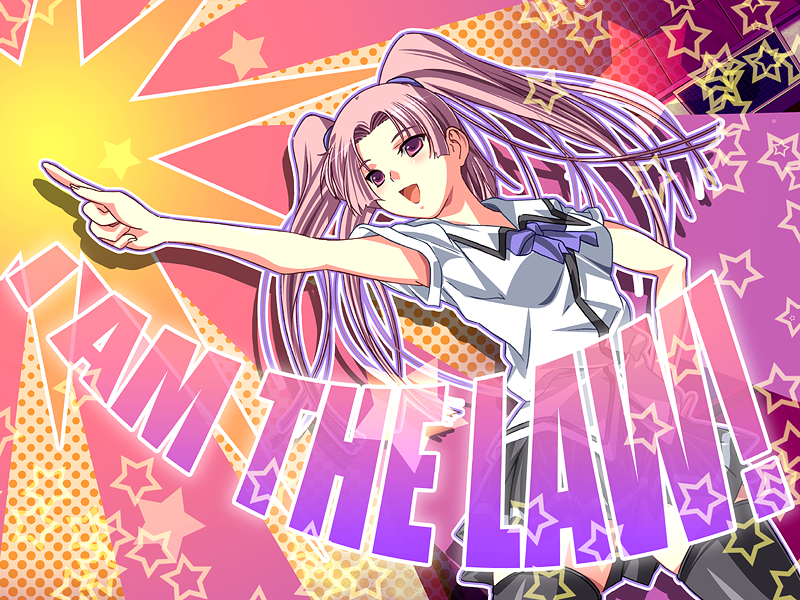1girl, :d, black_thighhighs, breasts, english_text, game_cg, hand_on_own_hip, kagami_touko, long_hair, m&amp;m_(mickey_and_mackey), medium_breasts, natsukami, open_mouth, pink_eyes, pink_hair, pointing, skirt, smile, solo, star_(symbol), thigh-highs, twintails