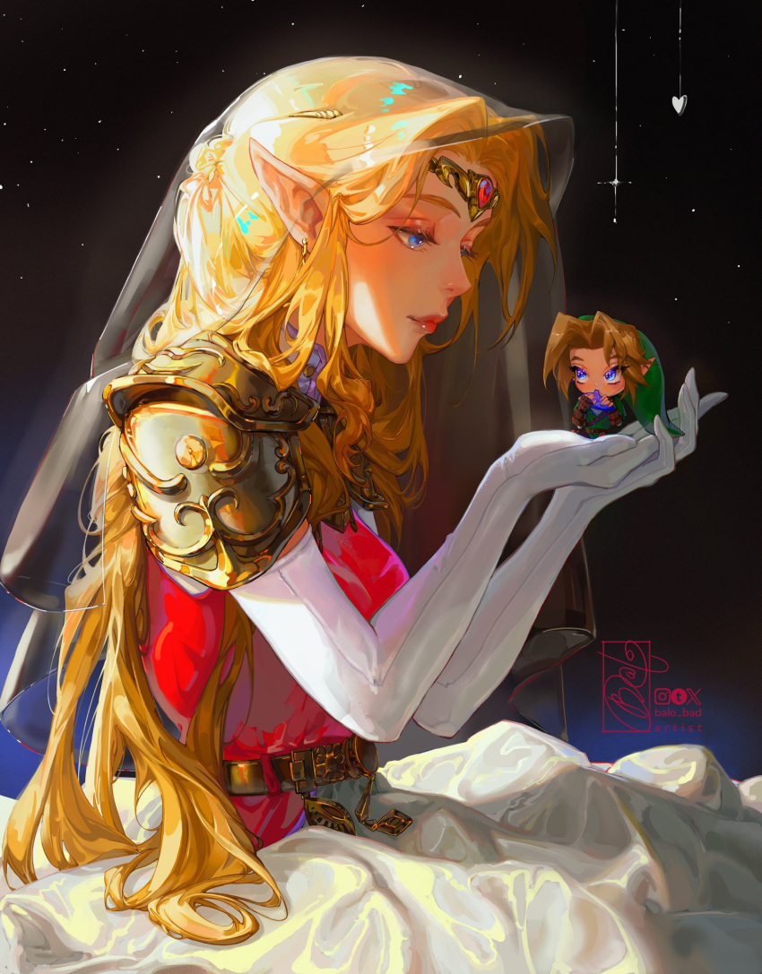 armor, balo_badartist, blonde_hair, blue_eyes, breasts, chibi, couple, dress