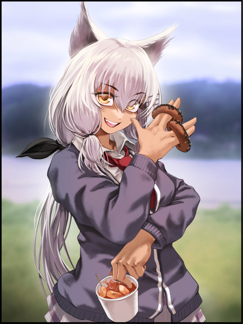 1girl, animal_ears, blurry, blurry_background, cardigan, chtv, collared_shirt, commentary, cup, dark-skinned_female, dark_skin, doughnut, english_commentary, food, girls_frontline, hair_ornament, hairpin, highres, holding, holding_cup, long_hair, looking_at_viewer, m590_(girls'_frontline), m590_(recreation_after_school)_(girls'_frontline), multiple_hairpins, necktie, official_alternate_costume, open_mouth, purple_cardigan, red_necktie, shirt, smile, solo, teeth, upper_body, upper_teeth_only, white_hair, white_shirt, yellow_eyes