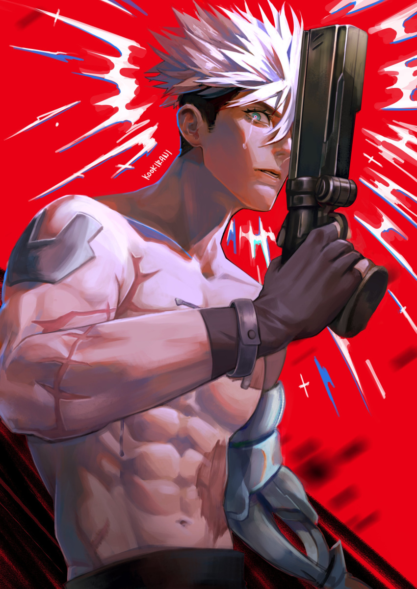 1boy, abs, absurdres, artist_name, crying, gloves, gun, highres
