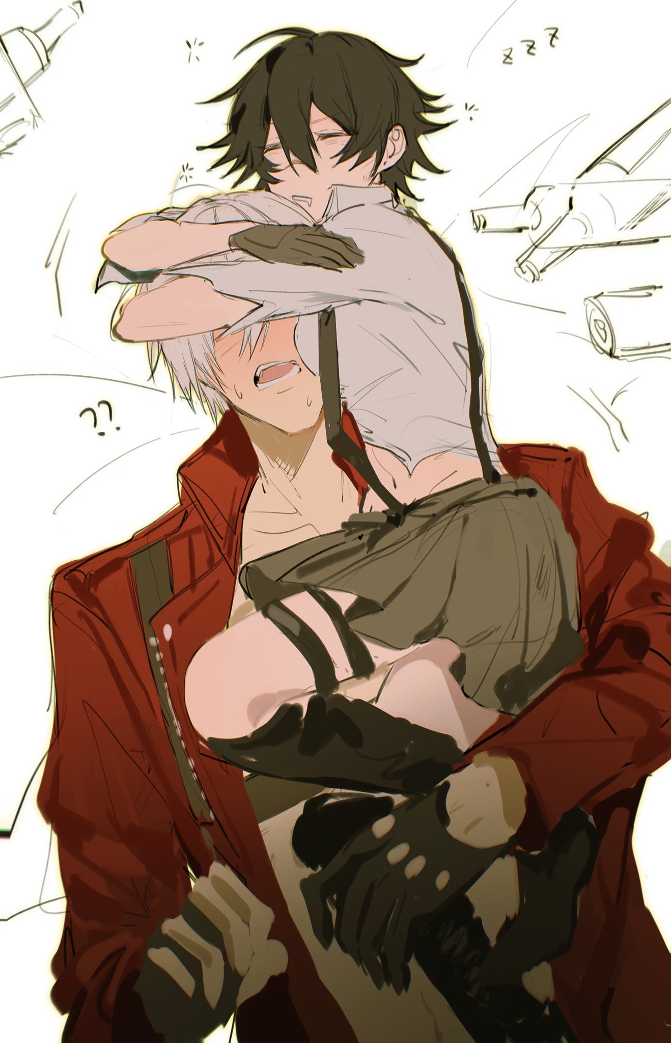 1boy, 1girl, black_hair, blush, carrying, carrying_person, closed_eyes, coat