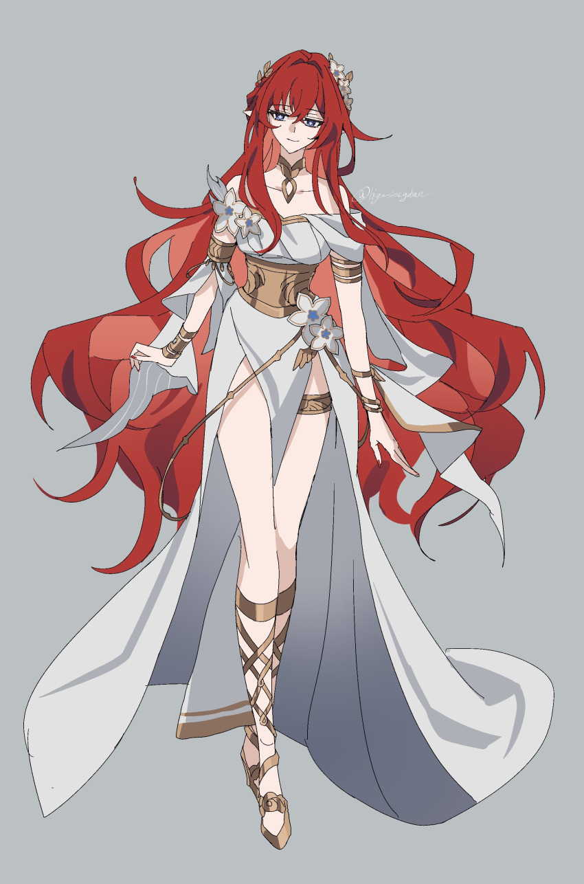 1girl, absurdres, bare_shoulders, blue_eyes, collar, cross-shaped_pupils, dress, full_body