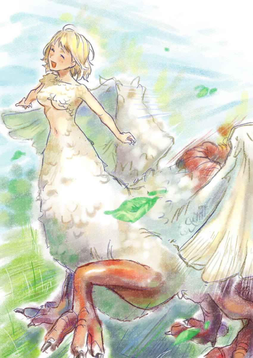 1girl, blonde_hair, breasts, centauroid, chimera, closed_eyes, commentary, dungeon_meshi