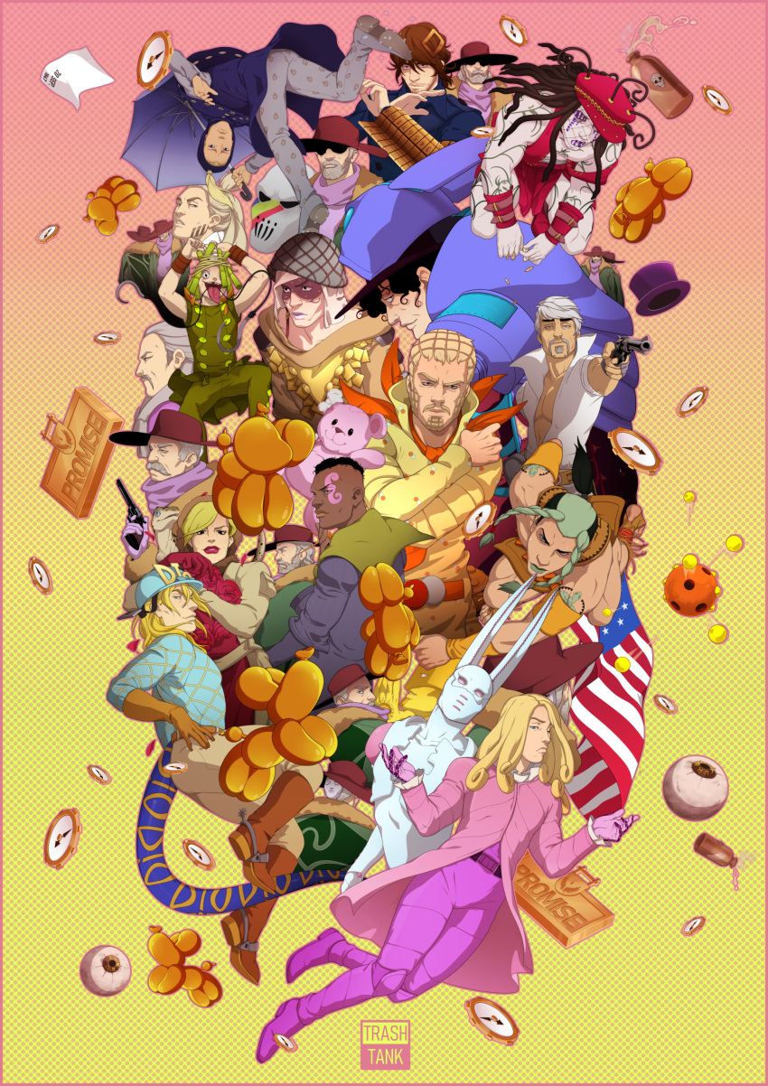 1other, 20th_century_boy_(stand), 6+boys, absurdres, american_flag, axl_ro, blackmore, blonde_hair