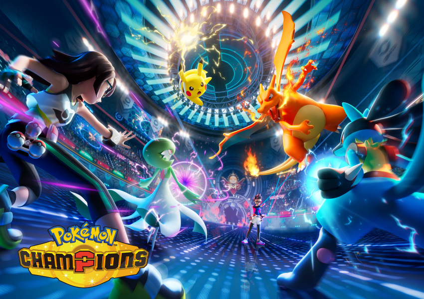1boy, 1girl, absurdres, artist_request, black_leggings, blurry, brown_hair, capri_pants, charizard, copyright_logo, copyright_name, electricity, energy_ball, female_protagonist_(pokemon_champions), fire, flame-tipped_tail, gardevoir, glasses, highres, key_visual, leggings, lucario, male_protagonist_(pokemon_champions), official_art, outstretched_arm, pants, pikachu, poke_ball, poke_ball_(basic), pokemon, pokemon_(creature), pokemon_battle, pokemon_champions, promotional_art, reflection, reflective_floor, shirt, shoes, short_hair, shorts, sleeveless, sleeveless_shirt, squatting, stadium, standing, tiptoes, white_shirt, white_shorts