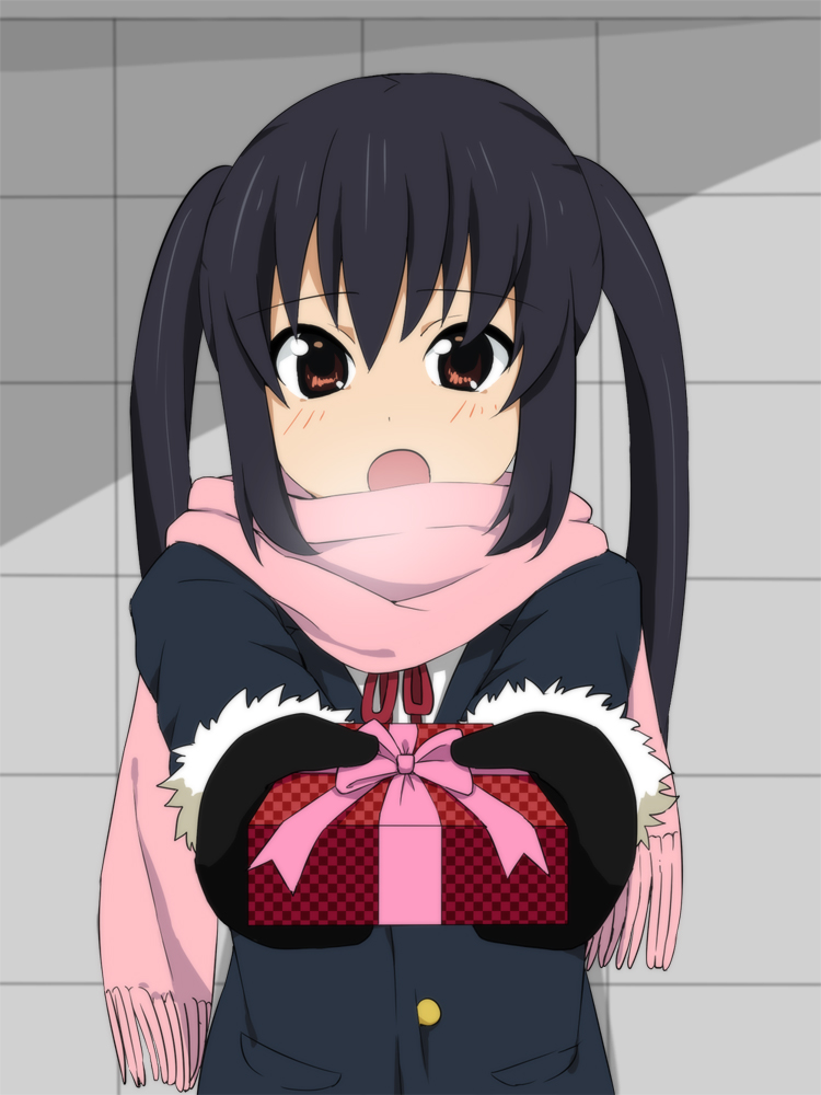 :o, black_hair, blush, bow, checkered, coat, embarrassed, fur_trim