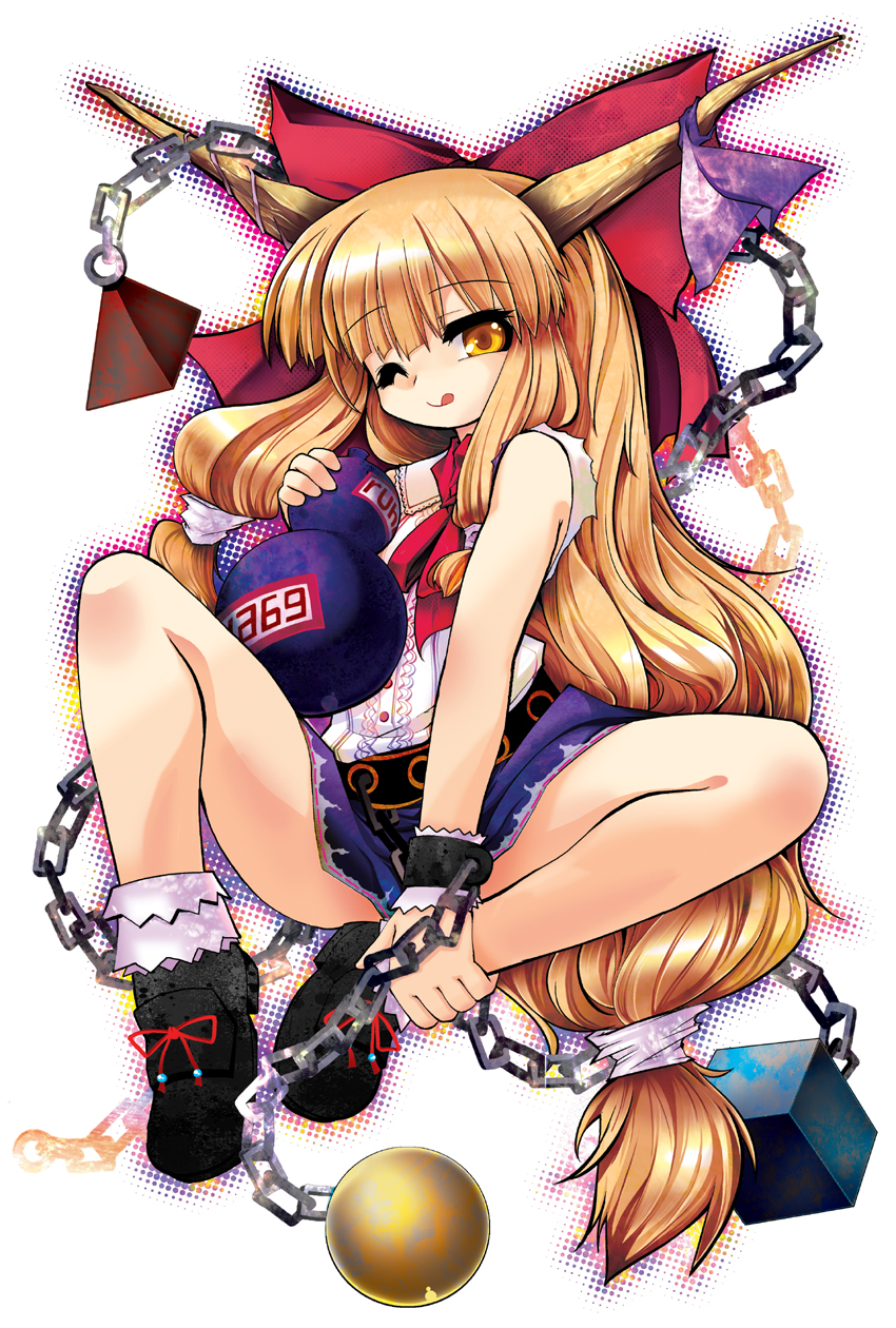 :q, bare_legs, belt, blonde_hair, chain, chains, cuffs, gourd, highres, horn_ribbon, horns, ibuki_suika, indian_style, legs, long_hair, orange_hair, ribbon, ruha69, sitting, sleeveless, sleeveless_shirt, solo, tongue, touhou, very_long_hair, wink, wrist_cuffs, yellow_eyes