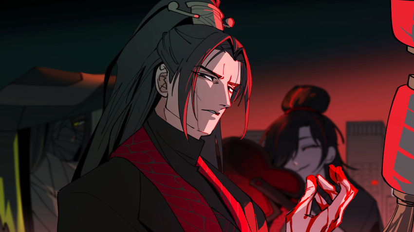 1boy, 2girls, absurdres, bandaged_head, bandages, bandages_over_mouth, black_eyes, black_hair