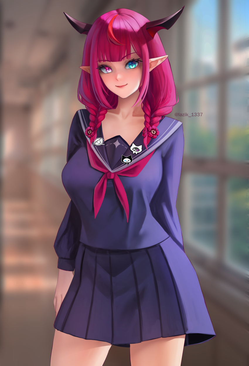 1girl, absurdres, bloom_(irys), blue_eyes, blue_sailor_collar, blue_serafuku, blunt_bangs, blurry