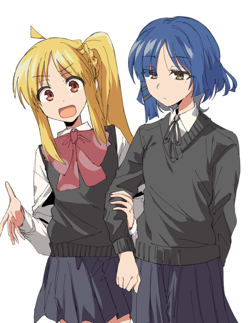 2girls, blue_hair, bocchi_the_rock!, hair_between_eyes, highres, ijichi_nijika, long_sleeves, multiple_girls