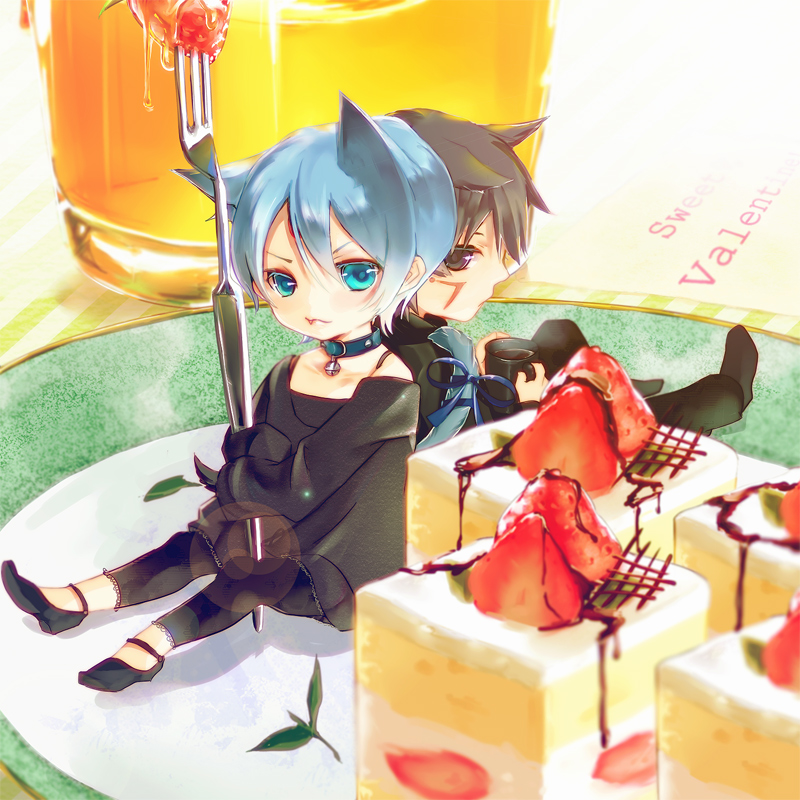 blue_hair, cake, food, fork, fruit, holding, holding_fork, leggings