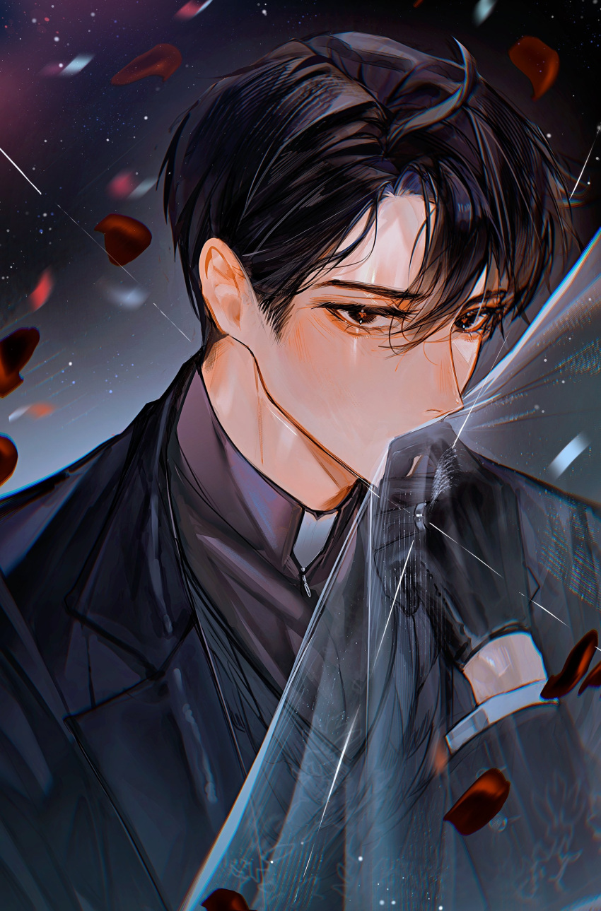 1boy, absurdres, alien_stage, black_eyes, black_gloves, black_hair, black_jacket, black_shirt, commentary, falling_petals, gloves, highres, ivan_(alien_stage), jacket, kiss, koffieaulait1, long_sleeves, male_focus, petals, red_petals, red_pupils, shirt, short_hair, solo, symbol-only_commentary, very_short_hair