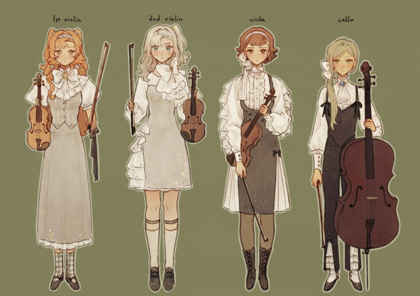 4girls, alternate_costume, boots, bow_(music), cello, dress, english_text, green_background