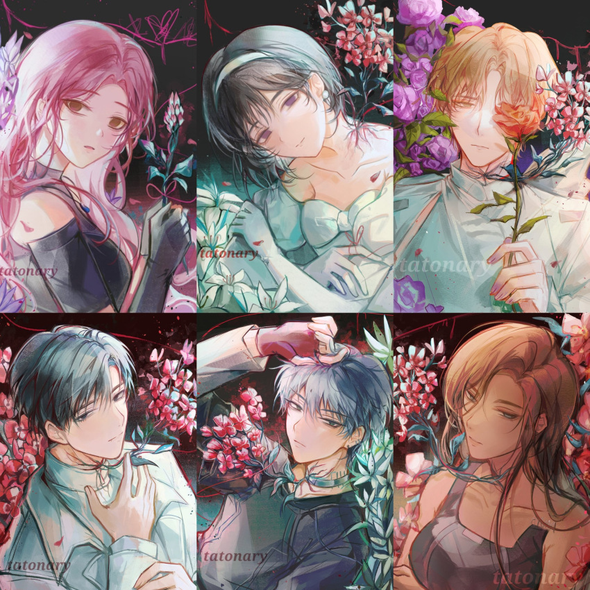 3boys, 3girls, alien_stage, anemone_(flower), artist_name, black_background, black_dress, black_eyes