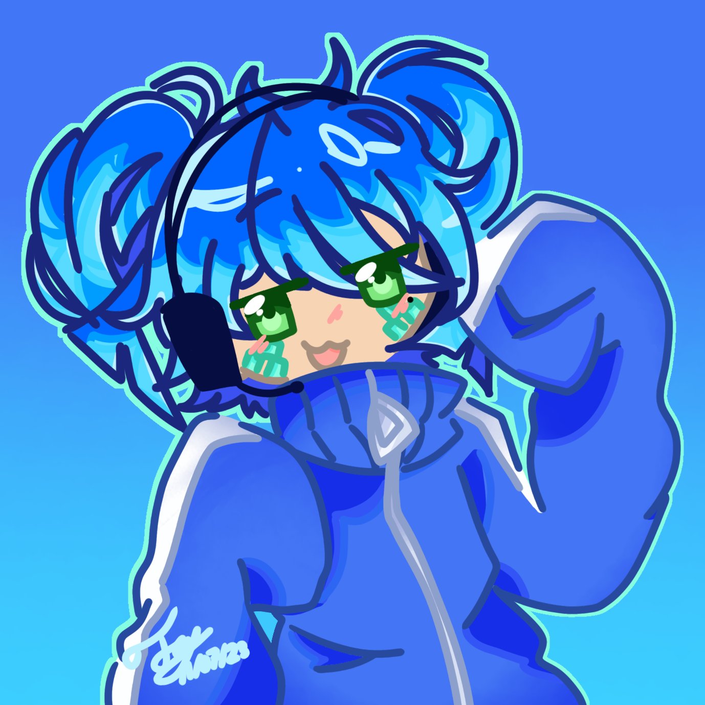 bandaid, bandaid_on_cheek, bandaid_on_face, blue_background, blue_hair, blue_track_suit, blush, cosplay