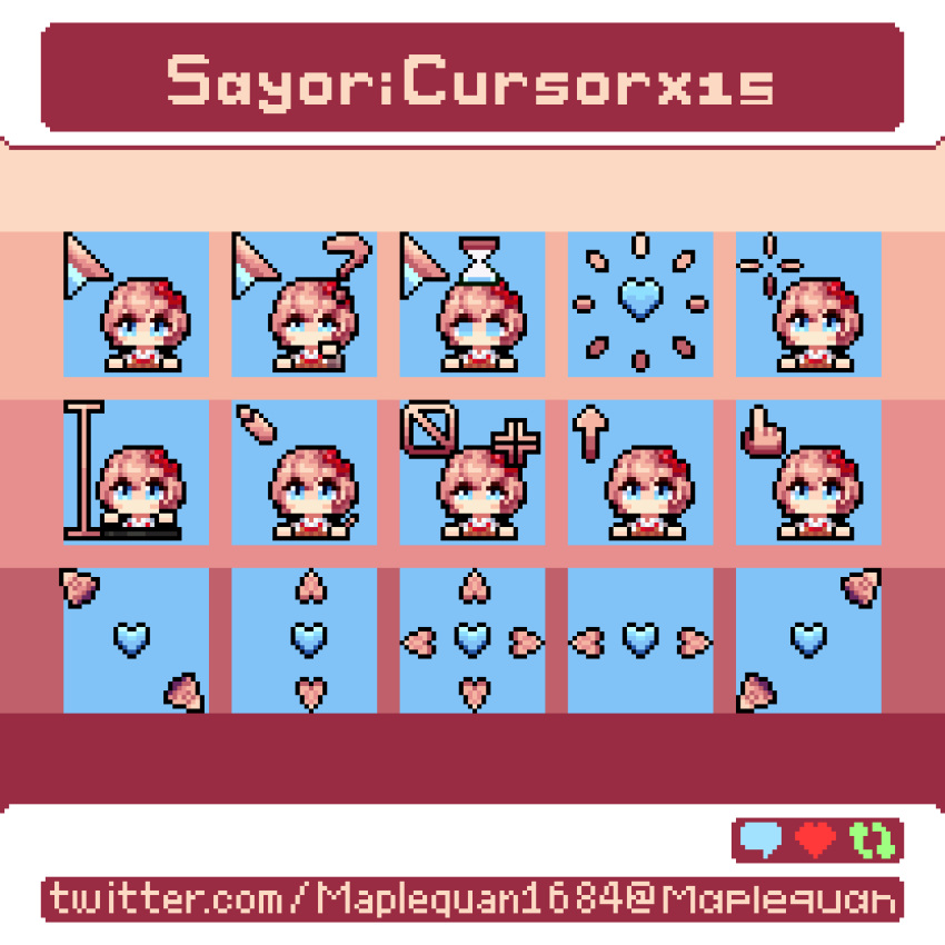 1girl, anger_vein, animated, animated_gif, blinking, blue_eyes, bouncing, bow, buffering, cursor, cursor_(medium), doki_doki_literature_club, hair_bow, heart, highres, like_and_retweet, loading_icon, maplequan, multiple_views, pink_hair, pixel_art, pixel_text, red_bow, sayori_(doki_doki_literature_club), short_hair, typing, web_address