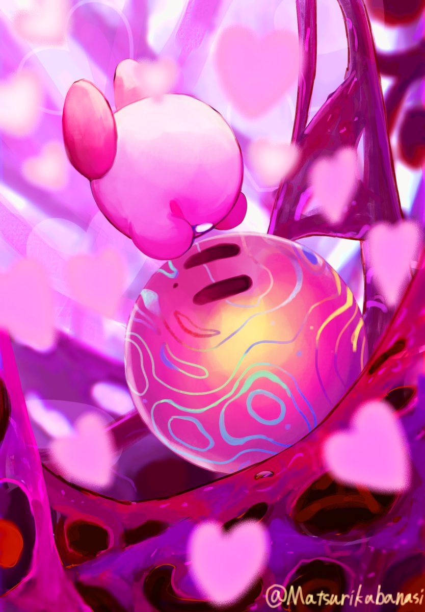 blush_stickers, colored_skin, heart, highres, kirby, kirby:_star_allies, kirby_(series), looking_at_another, matsurikabanasi, no_humans, pink_skin, pink_theme, solid_oval_eyes, twitter_username, void_termina
