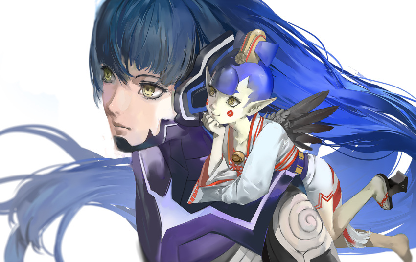 1boy, 1girl, amanozako_(megami_tensei), androgynous, black_wings, blazpu, blue_hair, demon_(megami_tensei)
