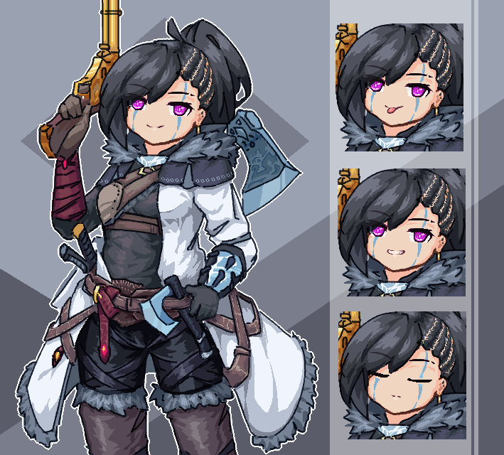 1girl, animated, animated_gif, aseprite_(medium), asymmetrical_gloves, asymmetrical_hair, axe, belt